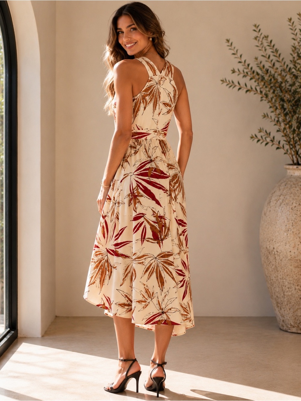 Maggy London Botanical Print High-Low Midi Dress | V-Neck Cross-Back